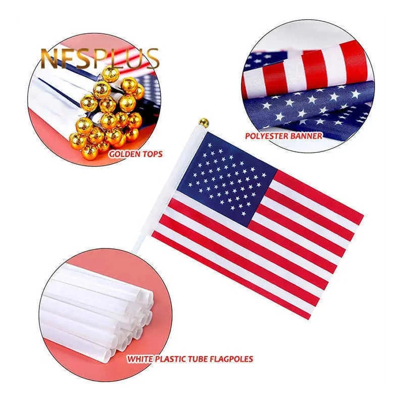 10 Pack American Flag USA Banners 14x21cm With Small Stick Flagpoles US Handheld Flags For Decoration Celebration Parades Sports