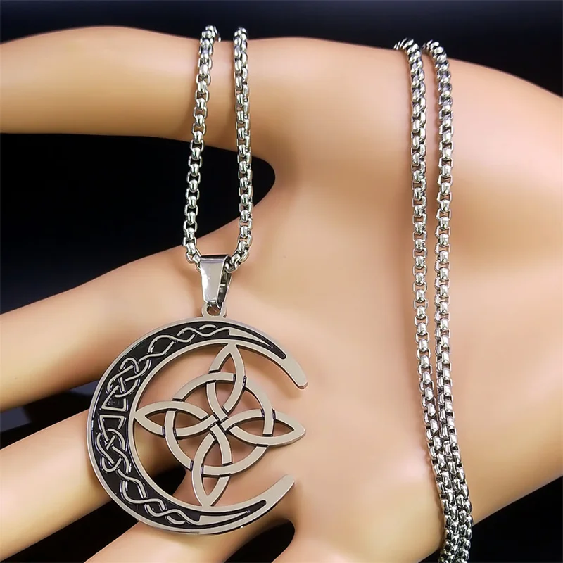 Crescent Celtic Irish Knot Necklaces Stainless Steel Witch Moon Amulet Protection Chain Necklace Jewelry collier luna N8145S1