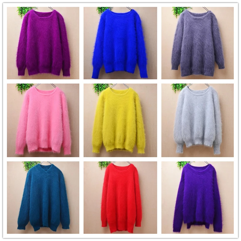 

Женские осенне-зимние натуральные меховые волосатые норковые кашемировые вязаные блузки с круглым вырезом и длинными рукавами, тонкие блузки из ангоры, джемпер для волос, свитер