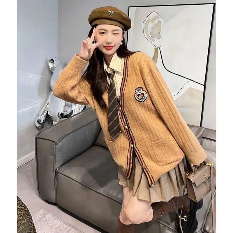 Japanese Korean Retro V-neck Knitted Sweater Cardigan Set Cotton Women Long Sleeved Autumn/Winter Khaki JK Uniform 4-piece Set