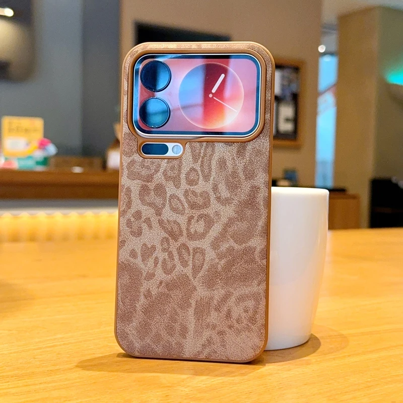 Para Xiaomi 15 Pro 17 Pro Max 17AiR Funda de teléfono de cuero con estampado de leopardo lente de orificio fino parachoques cubierta protectora completa marrón