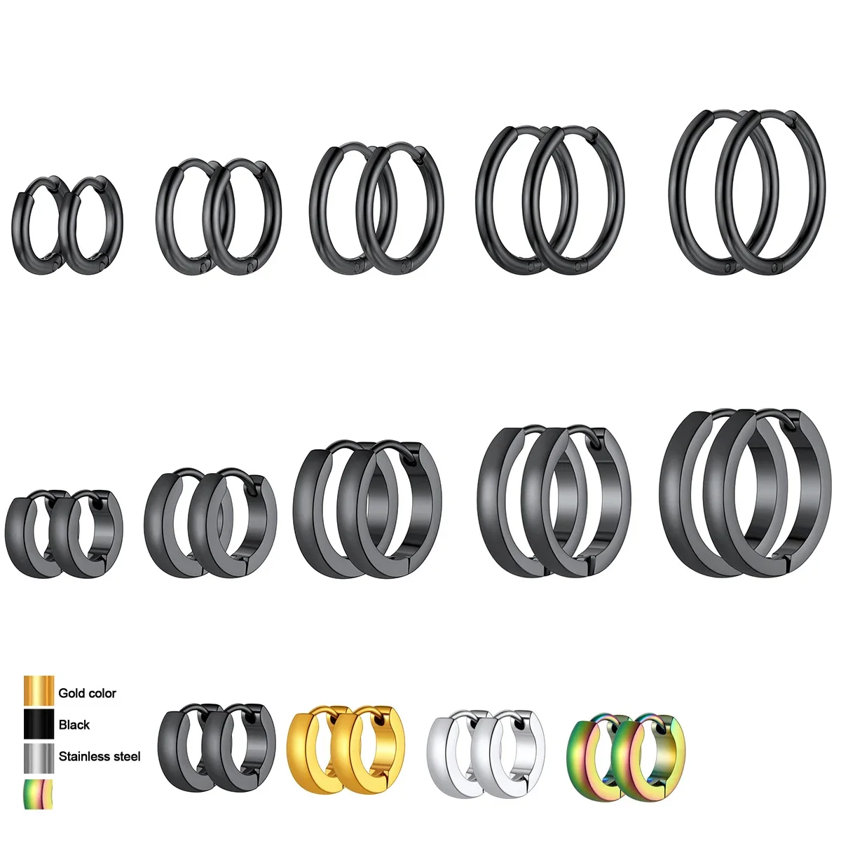 

Stainless Steel 5 Pairs/set Round Hoop Earring Sets for Men Women 5 Size 8/10/12/14/16mm Huggie Earrings Unisex Jewelry Set