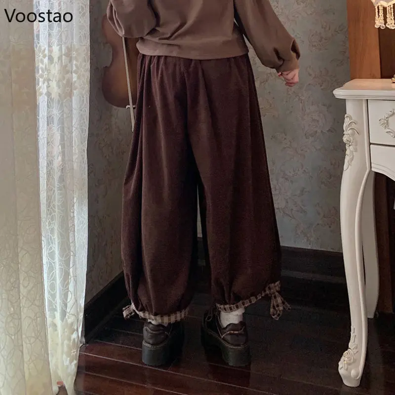 Japanese Sweet Flower Corduroy Wide Leg Casual Pants Women Vintage Cute Loose Trousers Girls Harajuku Sweatpants Kawaii Bloomers