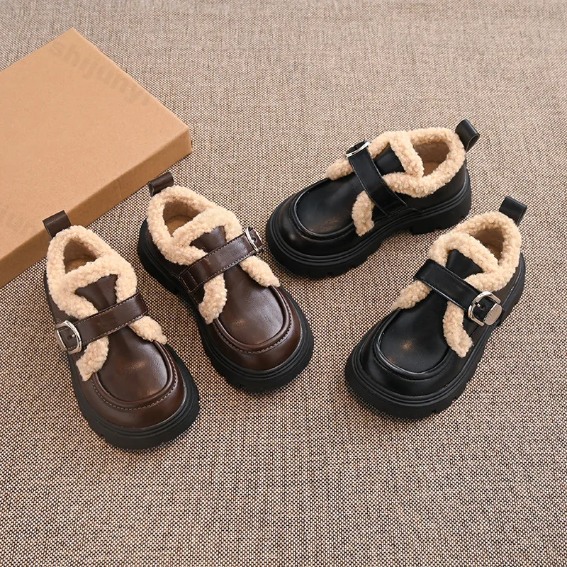 Winter Children Leather Shoes 2025 New Girls Cotton Shoes Fashion British Style Soft Anti-slippery Versatile Kids Princess Shoes