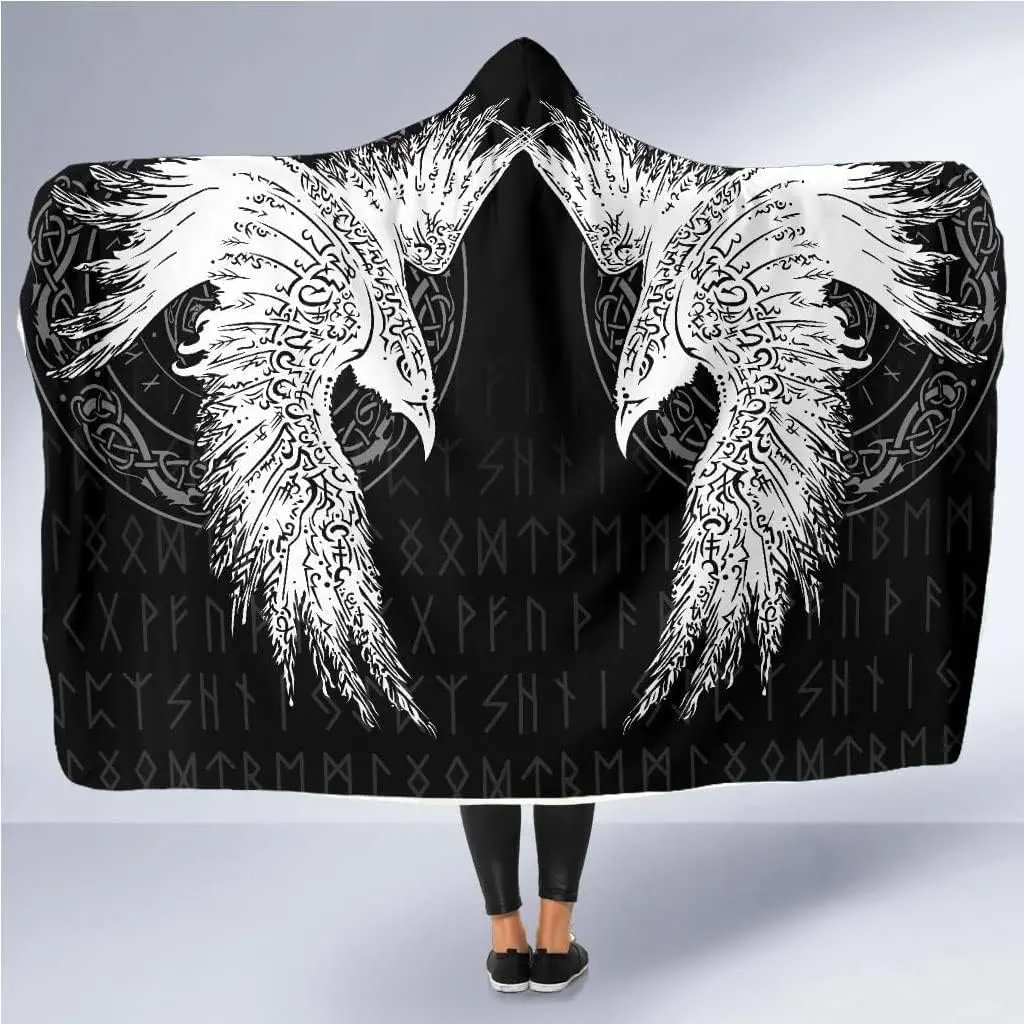 Viking Hooded Blanket Crow Wearable Blanket Norse Myth Odin's Ravens Huginn and Muninn Celtic Knot Rune Tattoo Totem Cloak Flann