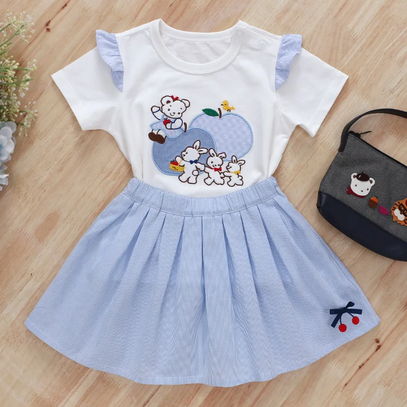 Japanese Summer  Girls\' Dress Sets Cartoon  Bear Rabbit Embroidery Short Sleeve T-shirt Short Skirt Set Baby Girl Clothes Ropa