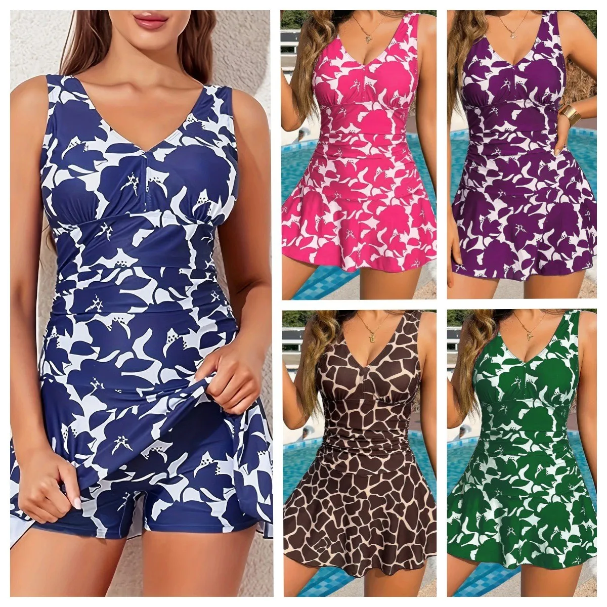 

Woman Tankini Printed Swimsuit Backless V Neck Swimwear Ruched Waist High Waist Bathing Suit A Line Skirt Swimsuit Tankinis