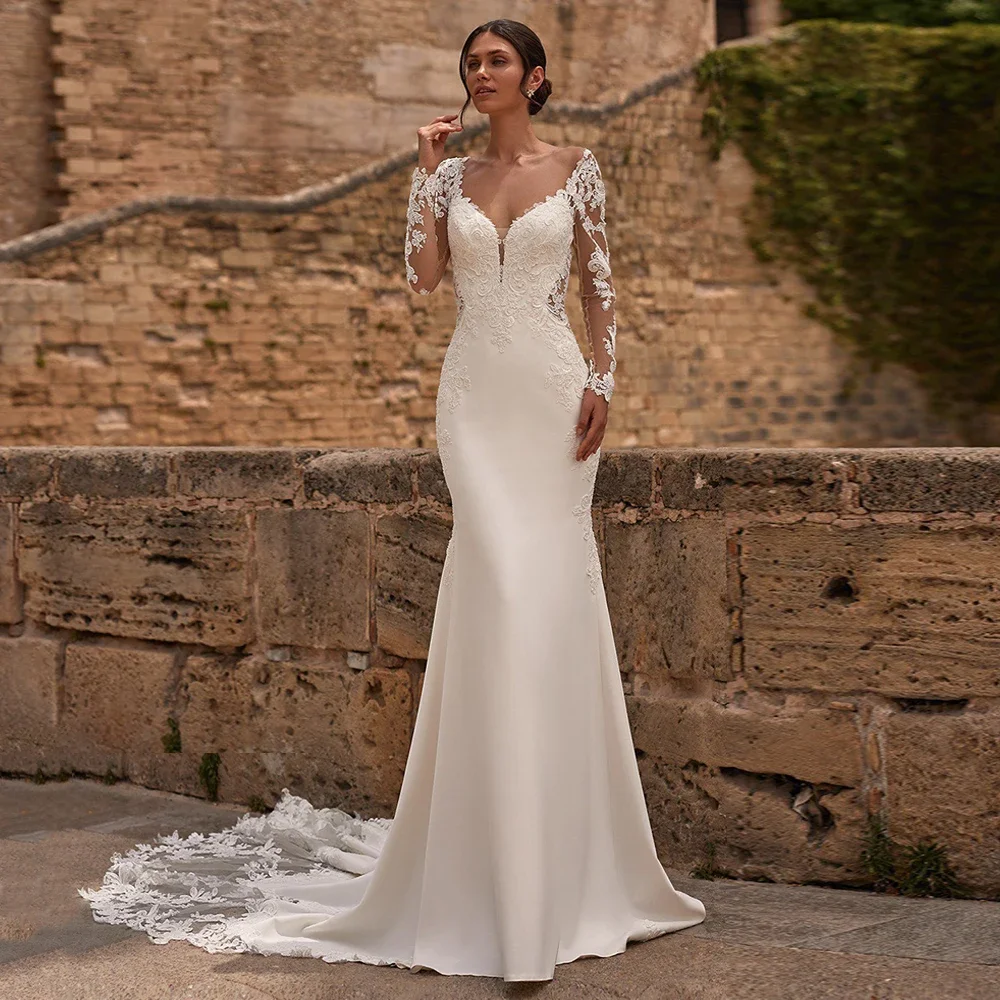 

Flavinke Свадебные платья русалки по индивидуальному заказу Иллюзионная аппликация с длинными рукавами и V-образным вырезом со шлейфом Кружевное свадебное платье Vestidos de Novia