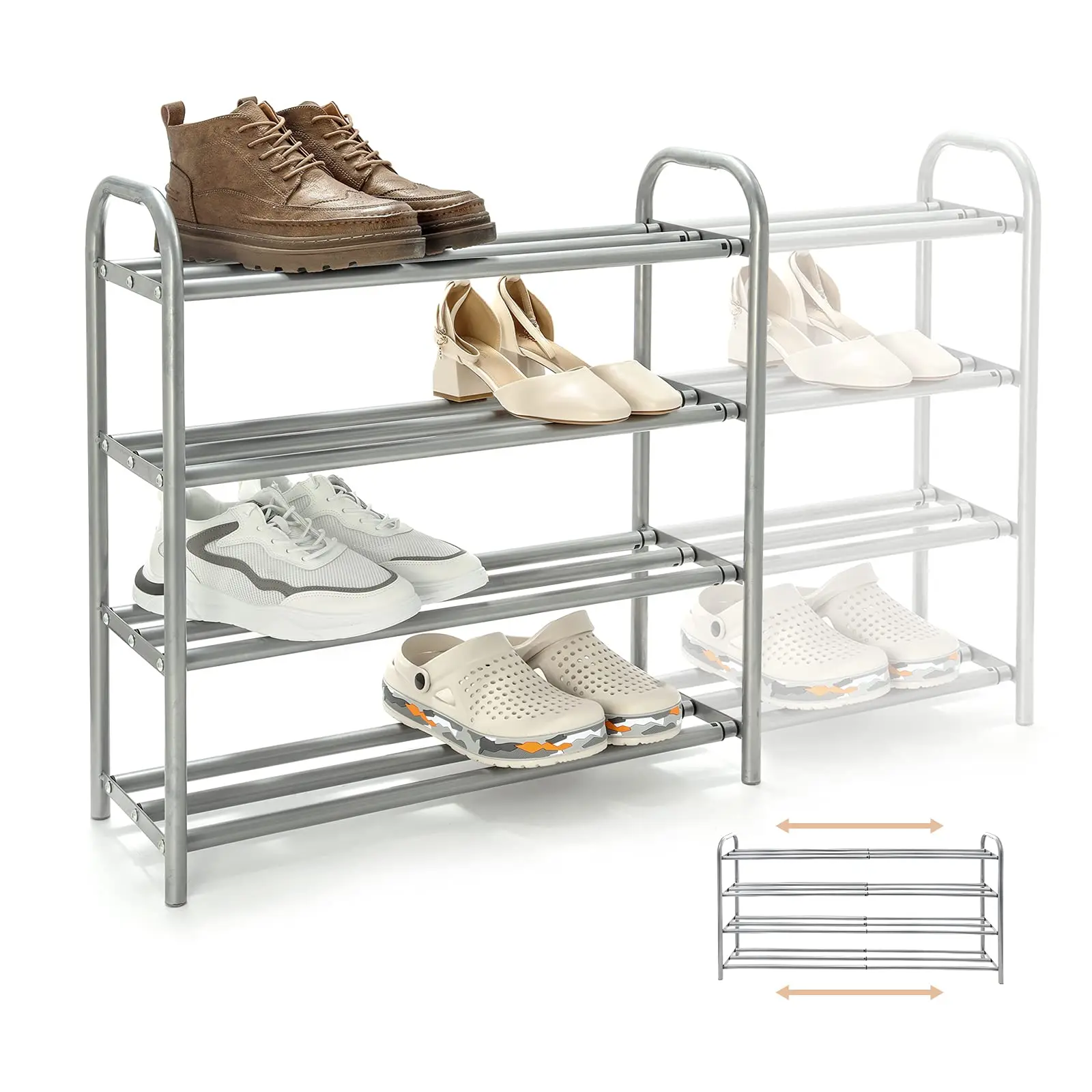 

Four-Tier Expandable Metal Shoe Storage Rack, Sturdy Closet Organizer For 20+ Pairs, Adjustable Width 60–100 × 22.5 × 61.5 Cm