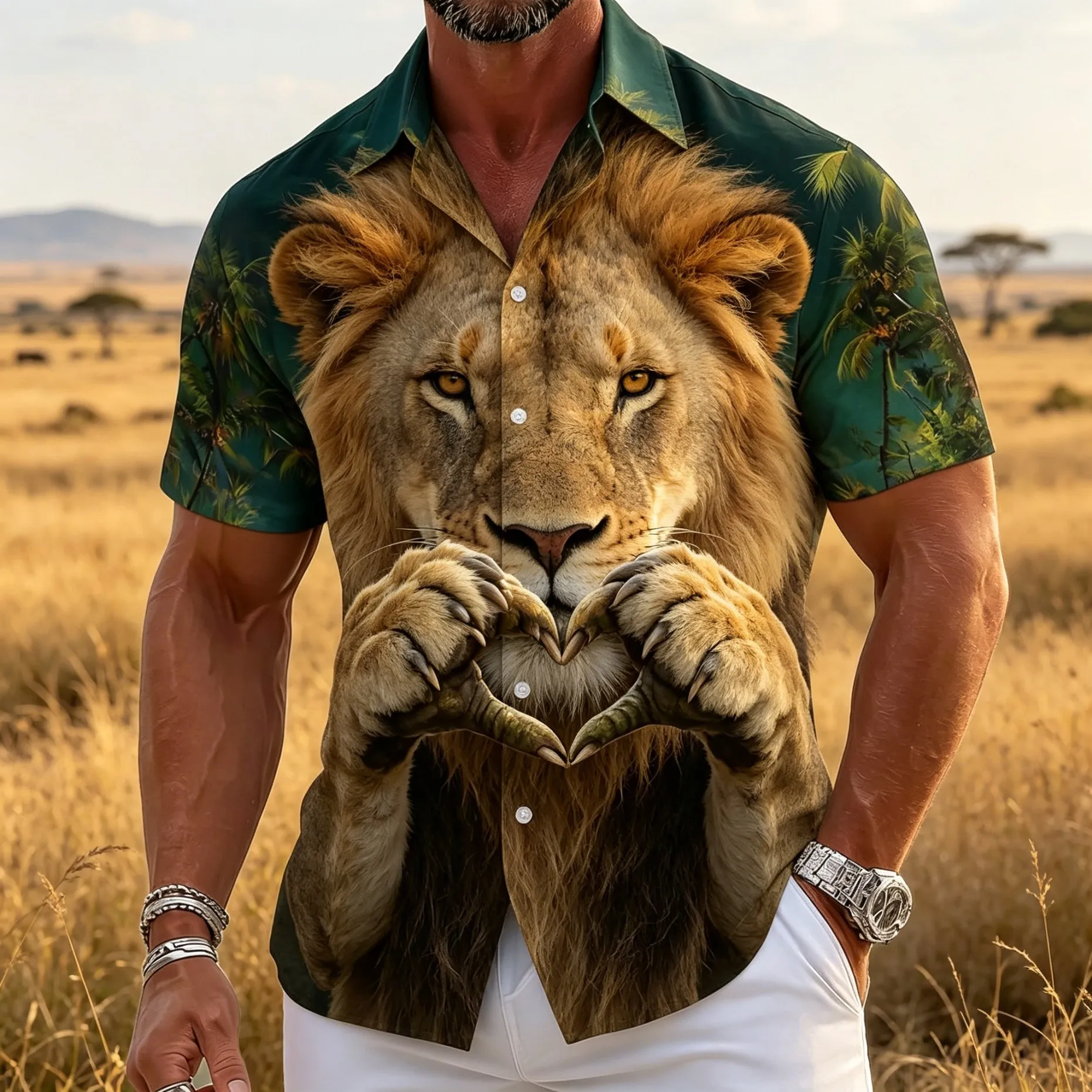 

Men's Lion Heart Hand Print Short Sleeve Shirt 3D African Safari Graphic Casual Button Down Top for Spring & Summer