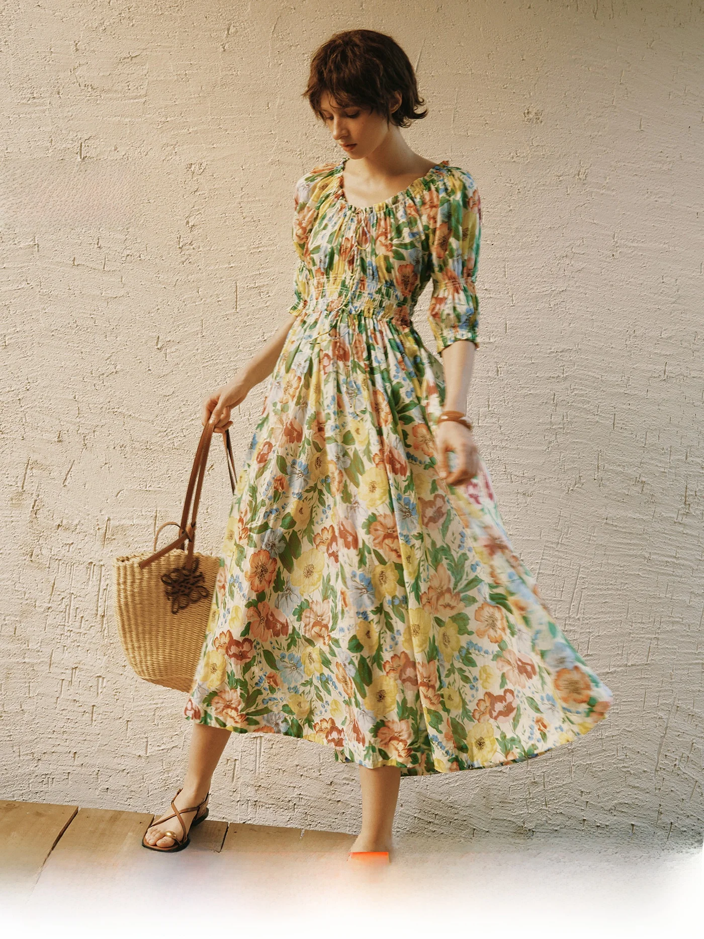 

Organic Cotton Long Printed Dress One-Shoulder High Waist A-Line Skirt Bubble Sleeve French Style Women's Summer Dress