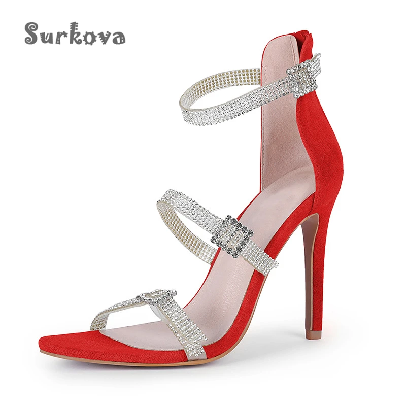 

Sexy Suede Crystal Sandals Bling Diamond Back Zipper High Heels Wedding Shoes Summer New Roman Women's Party Shoes Fairy Sandals