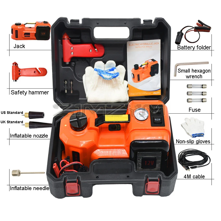 12V 5Ton Car Electric Hydraulic Floor Jack, Tire Inflator Pump and LED Flashlight 2 in 1 Set With Safe Hammer