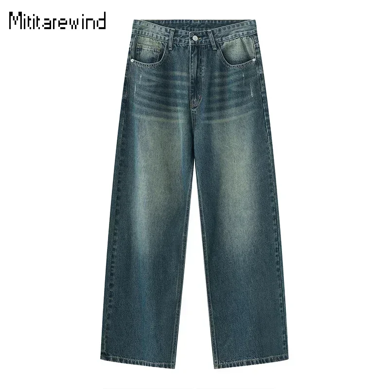

Korean Style Retro Blue Jeans Men Streetwear Washed Distressed Straight Jeans Full Length Baggy Pants Man Simple Denim Trousers
