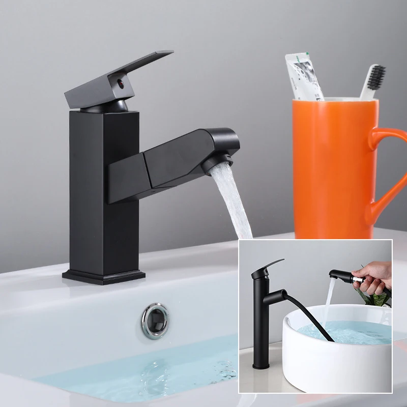 

Pull Out Bathroom Basin Sink Faucet Hot Cold Water Mixer Tap Black Tall Faucet Crane with Spray Nozzle Stream Head Washbasin Tap