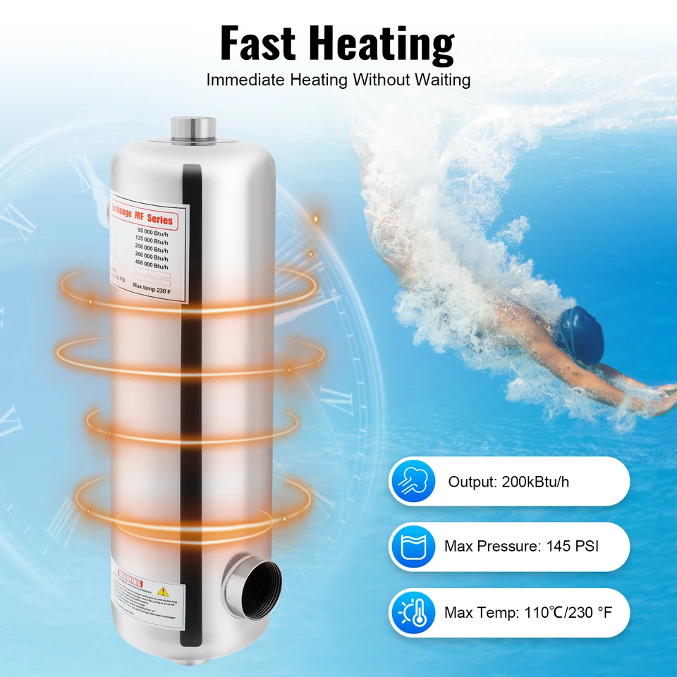 XWXLIJV Intercambiador de calor para piscina, tubo de acero inoxidable de 25 kW, intercambiador de calor de agua salada con rosca hembra lateral de 1.77 pulgadas para spa, piscina, bañera de
