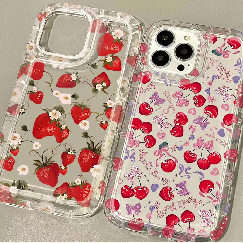 Full Screen Cherry Strawberry Case For iPhone 16 15 14 13 12 11 Pro Max XS X XR 8 7 Plus SE 2020 Shockproof Clear Protector Etui