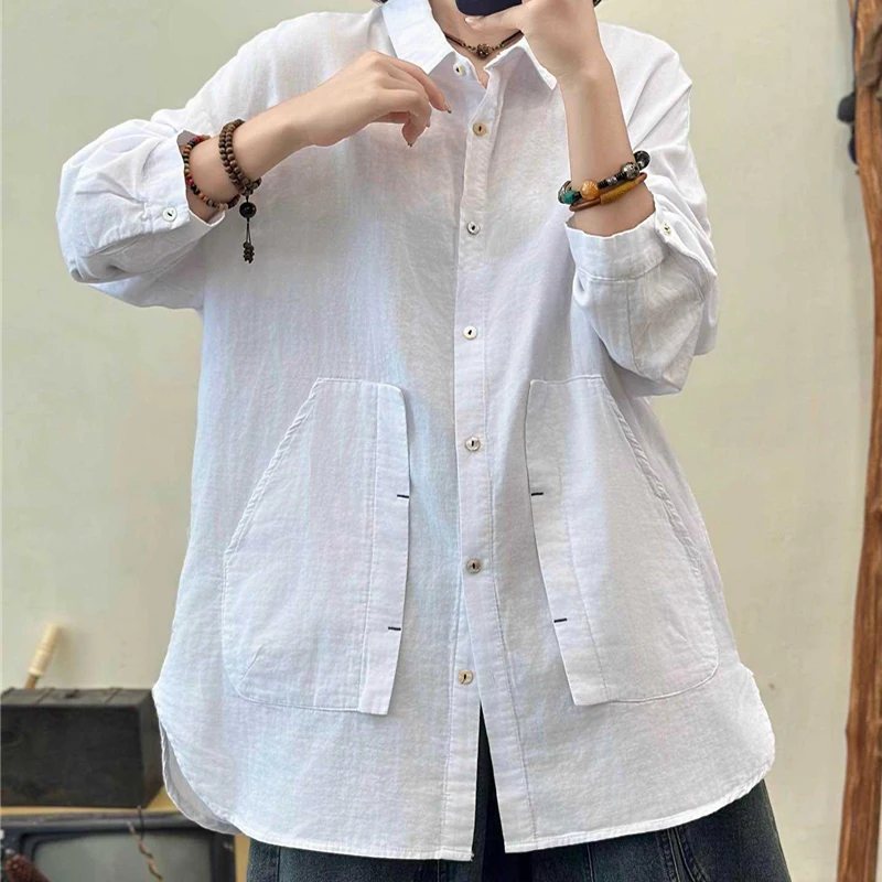 Masss Wasss 2025 Korean Ladies Fashion Autumn Casual Shirts Solid Cotton Tops Womens Loose Classic Elegant Long Sleeve Blouses