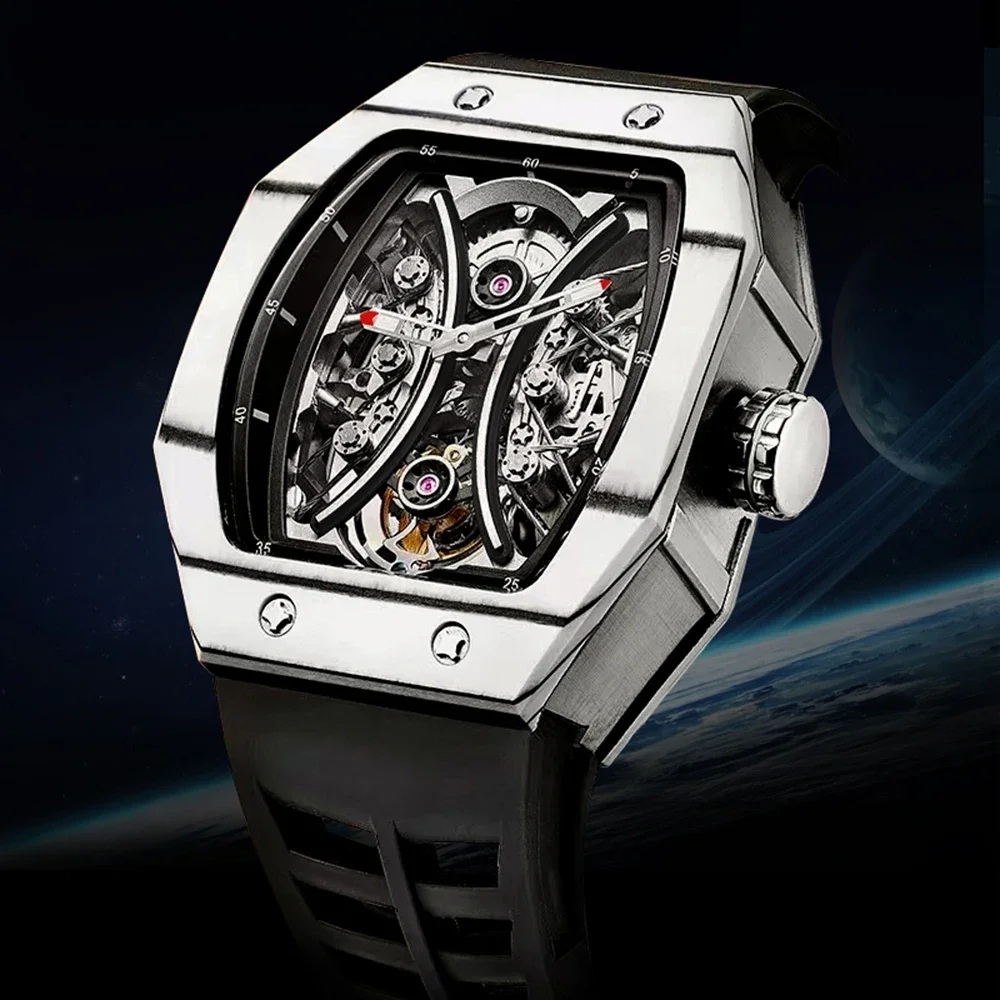 AESOP RICHA Square Carbon Fiber Bezel Men Mechanical Wristwatches Flying Tourbillon Watch Skeleton Luminous Clock Men Watches