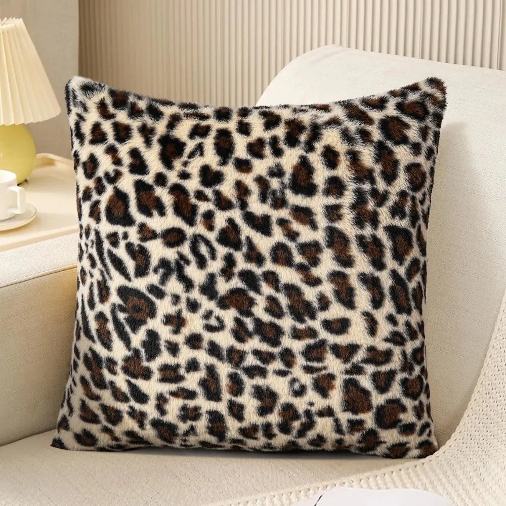 Classic Leopard Print Throw Pillow Cover 45x45 Size Double Side Cushion Cover Zipper Closure Faux Fur Pillowcase Bed Decor