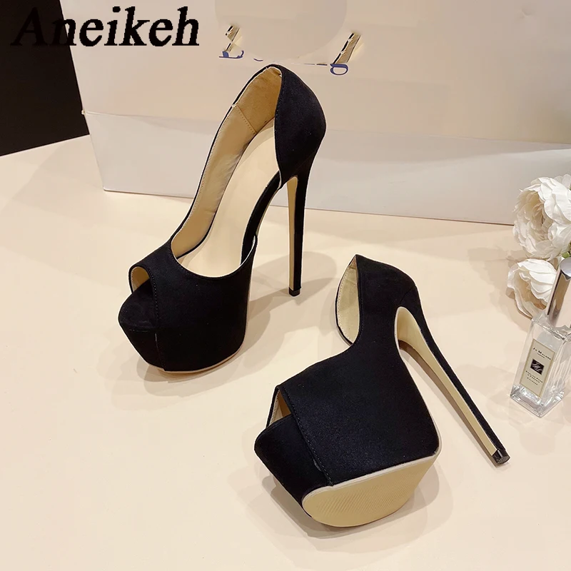 Aneikeh2024 Elegant Sexy Platform Super High HeelsWomen Flock Round Head Peep Toe Thin Heels Single Shoes Party Steel Pipe Dance