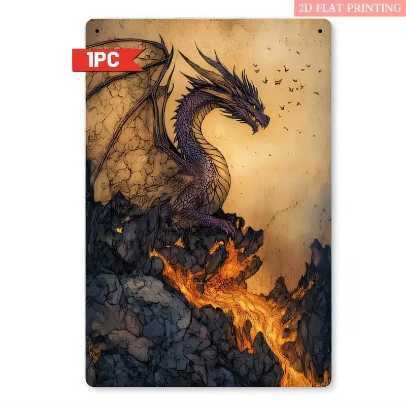2D Flat Printed Purple Dragon & Fiery Rock Vintage Metal Sign - Retro Fantasy Wall Art, Iron, Perfect for Game Rooms/Medieval Ho