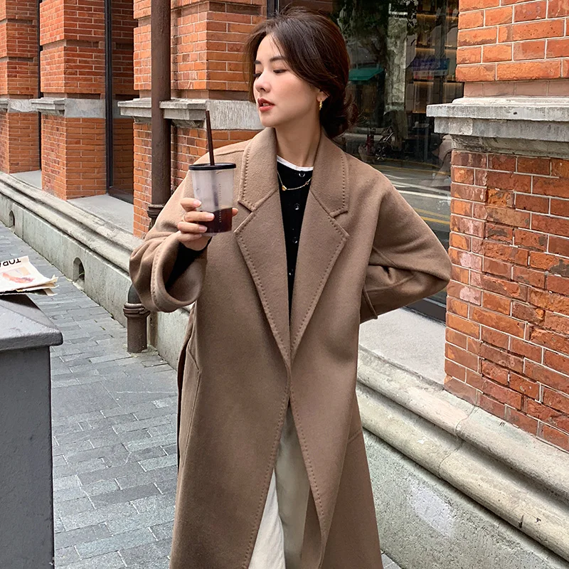 Ladies' 100% cashmere thick double-sided extended coat, classic, versatile and fashionable for business and leisure