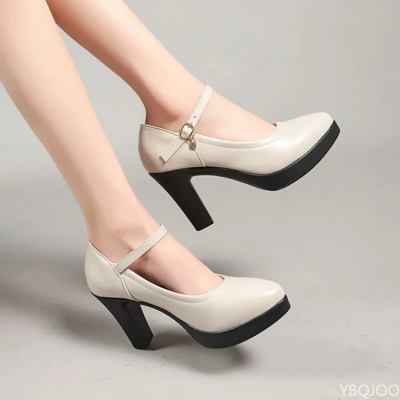 2025 New Casual Round Head Coarse Heel Professional Black Work Women's High Heels One Button Water Diamond Women's Single Shoes