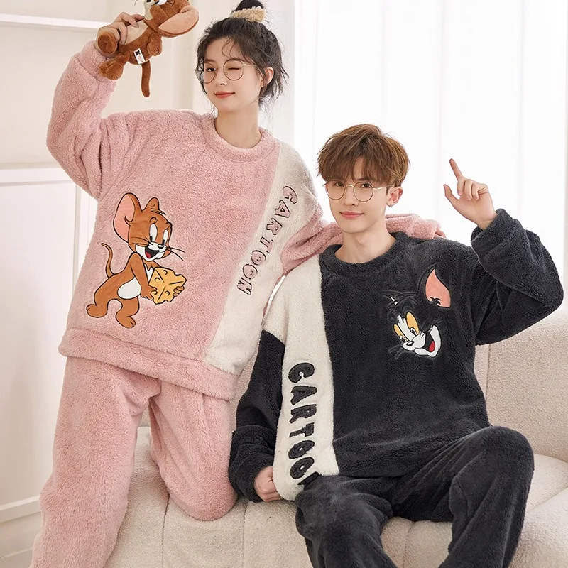 Tom and Jerry Couple Plus-size Fleece Pajama Set Warm Comfortable Bedroom Dormitory Home Clothes Holiday Gift Cute Girl Cartoon