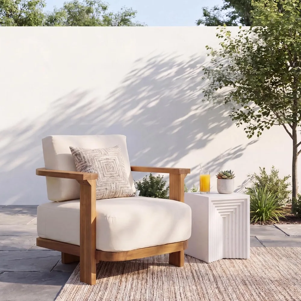 Outdoor Acacia Wood Club Chair with Thick Cushions for Backyard Relaxation and Reading