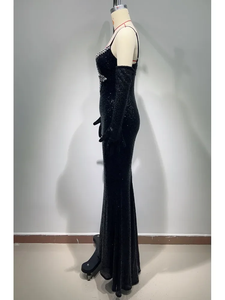 Luxury Designer Women Gala Dress Black Sexy Sleeveless Deep Neck Crystal Maxi Long Celebrity Evening Party Gowns High Quality