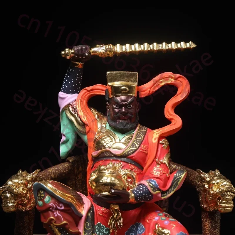 Hinoki Wood Carved Zhao Gongming Wealth God Statue - Hand-painted & Gilded Tiger Riding Fortune Deity Figurine, Feng Shui Decor