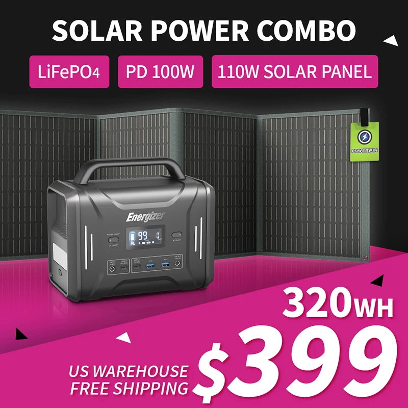 POWERWIN PPS320 Solar Generator Energizer Portable Power Station 320Wh/300W LiFePO4 Battery PWS110 Solar Panel 110W ETFE A Grade