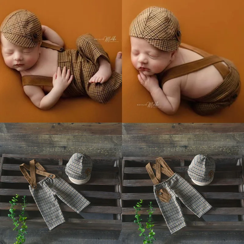 

❤️Newborn Photography Clothing Plaid Hat+Trousers 2Pcs/set Studio Baby Boy Photo Props Accessories Clothes Outfits Fotografia