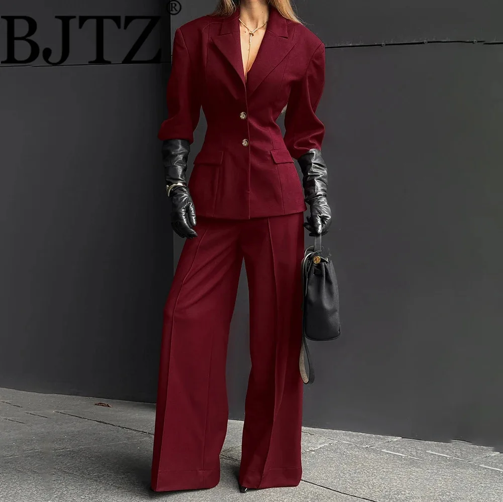 

BJTZ 2026 Новый женский костюм: пиджак с длинным рукавом и поясом, модные брюки с широкими штанинами, офисный, формальный, шикарный, осень-зима
