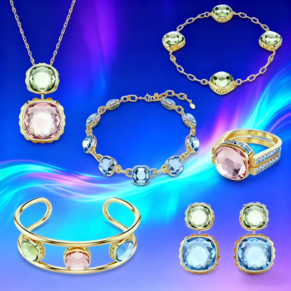 

2026 Trendy Collection Colorful Crystal Jewelry Set for Women Necklace Bracelet Ring Earring Bangle Gift