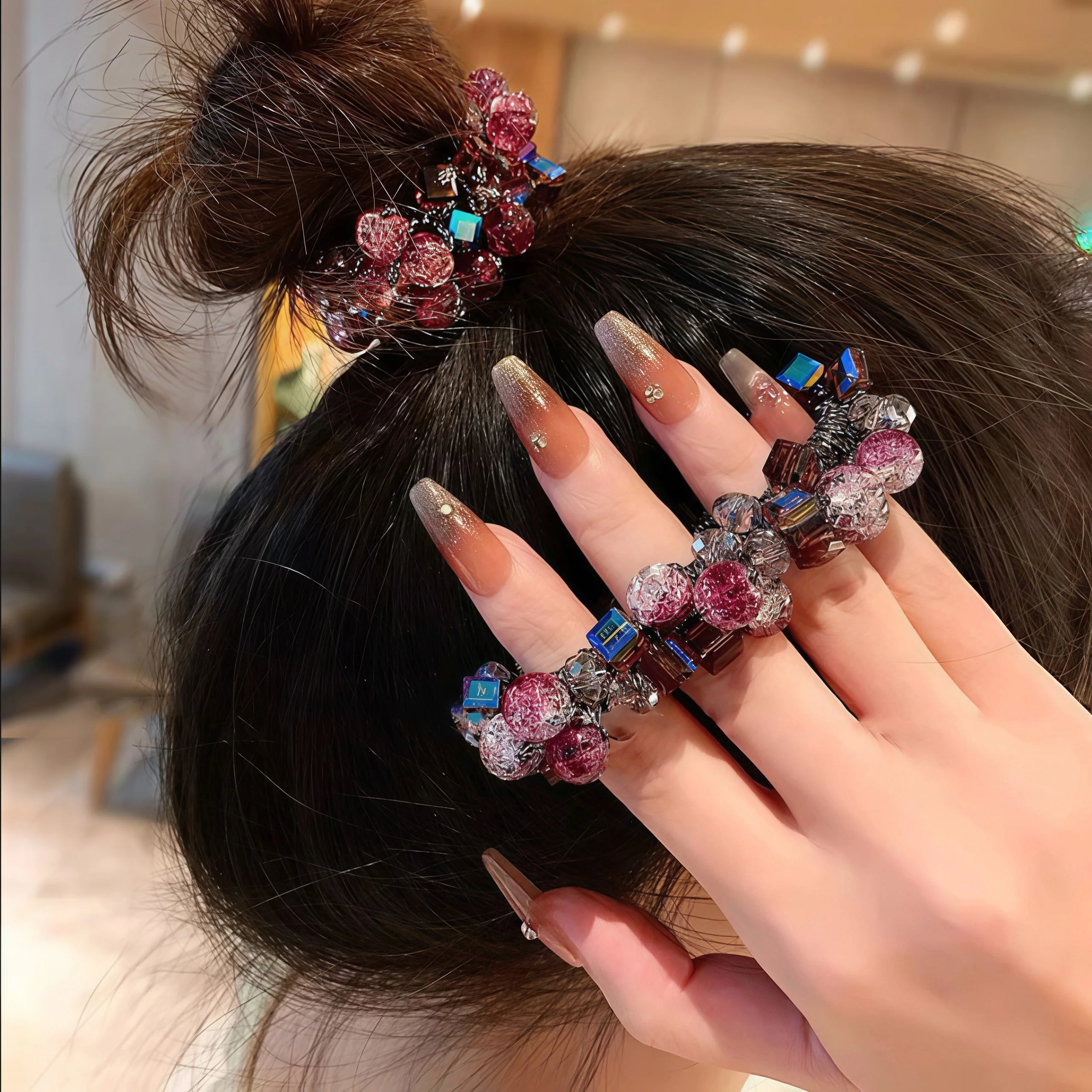 Sparkling Crystal & Bead Hair Rope Women Hair Scrunchies Fashion Elastic Hair Band Ties Ponytail Holder Ties Women Girls Gift