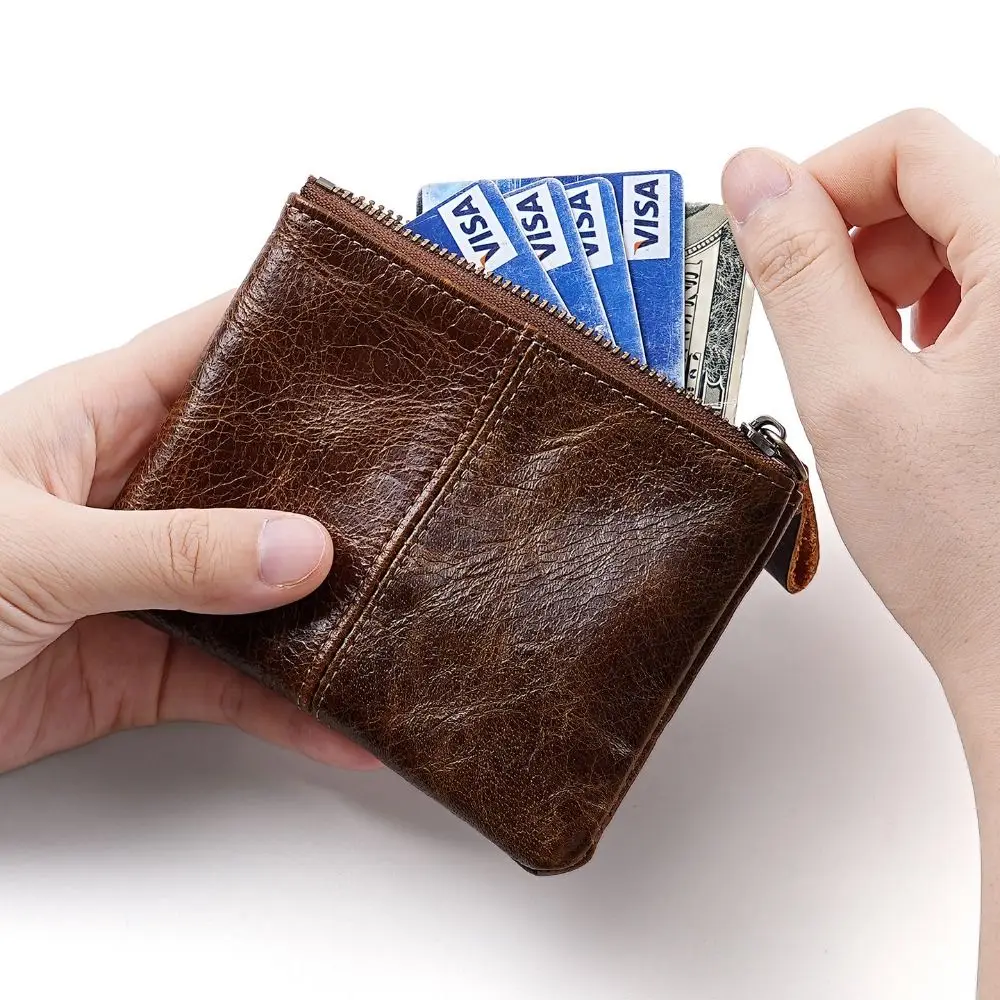 

Fashion Retro Men's Short Wallet Soft Zipper Pocket Purse ID Badge Holder Multifunctional Leather Cash Bag Travel