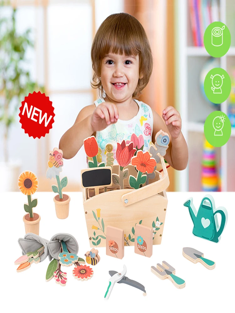 Crianças simulação brinquedo flor jardim brinquedo playset, crianças brinquedos de madeira ao ar livre conjunto grandes presentes para meninas meninos
