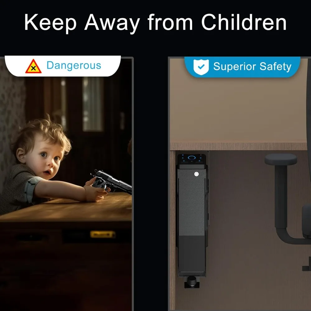ハンドガン用生体認証ガンセーフ、ドロップダウンピストルセーフ、指紋認証、PINコード、鍵によるアクセス機能付きスマートピストルセーフ（ナイトスタンド用）