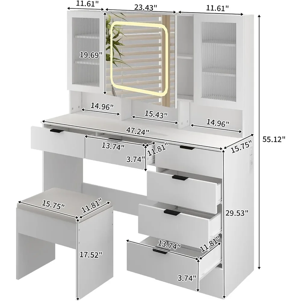 Vanity Table Set with LED Lighted Mirror,Charging Station,Glass Doors, Drawers and Storage Shelves, Cushioned Stool for Bedroom