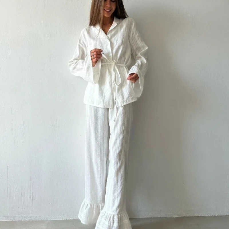 

Женский белый пижамный комплект из 100% хлопка, с отложным воротником, поясом, длинными рукавами, оборками по низу, жаккардовый, для сна и отдыха, размеры S-L