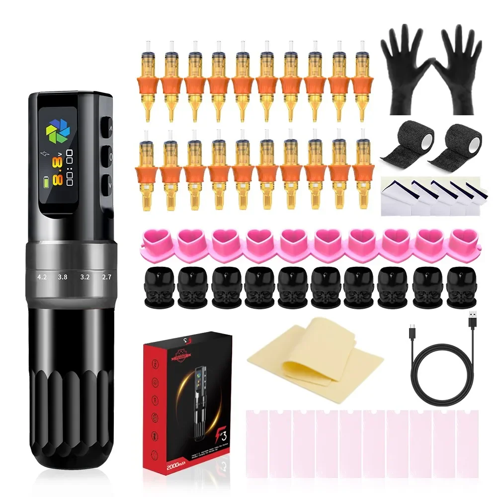 Adjustable Stroke Wireless Pen Tattoo Machine Set Kit Professional Tattoo Gun Set Pens F3 Rotary Wireless Tattoo Pen Kit