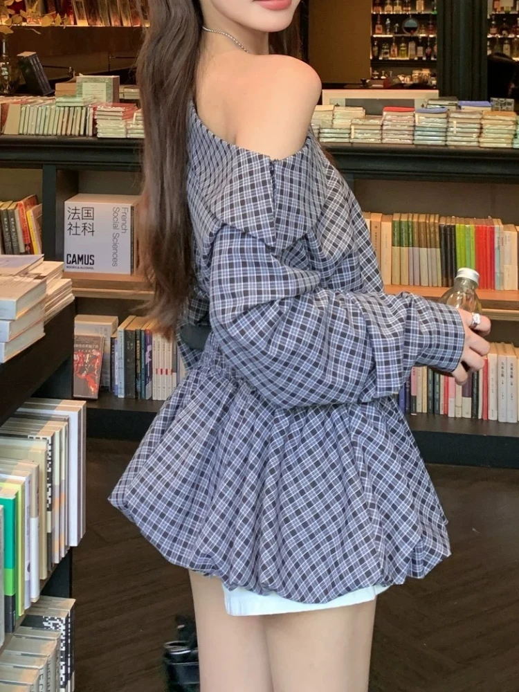 Sukienka w stylu vintage damska jesienna sukienka koszulowa w kratę z odkrytym ramieniem dopasowana w talii retro szykowna koreańska elegancka odzież uliczna