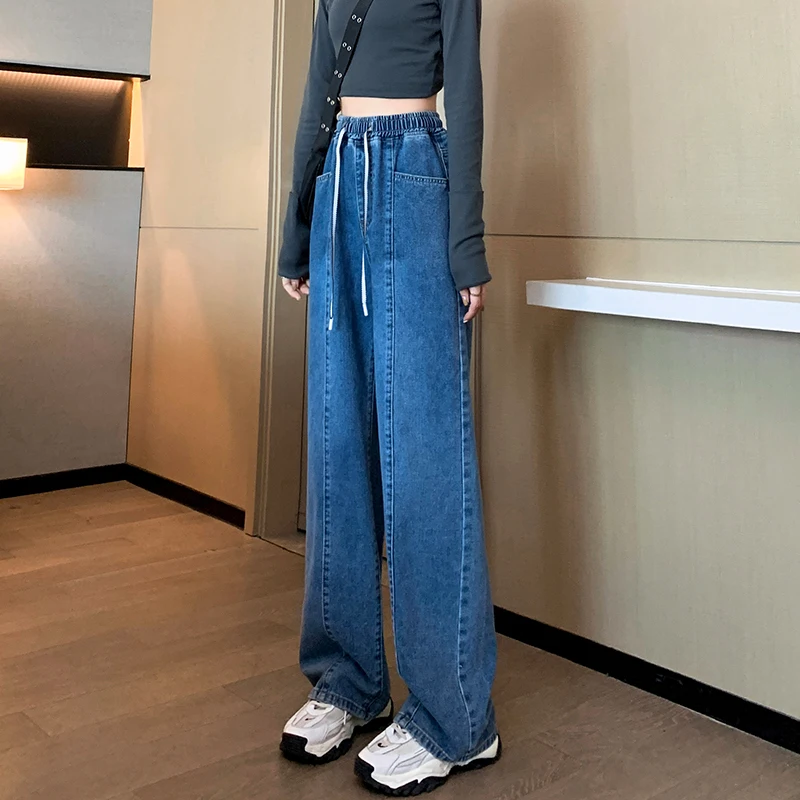 L-6XL حجم كبير الجينز امرأة عالية الخصر ربيع 2025 جديد وصول الأزرق اللون الجينز للنساء واسعة الساق فضفاض السراويل الإناث السراويل #4