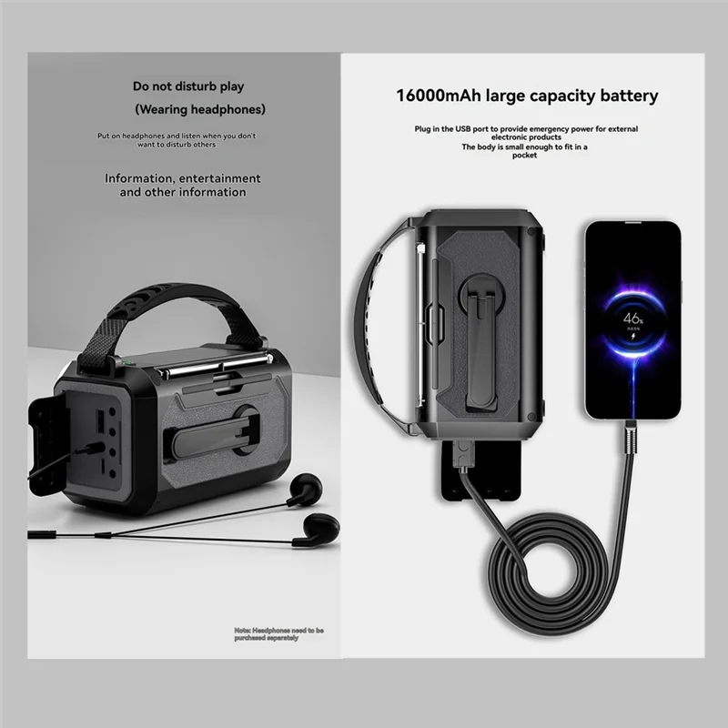 

16000Mah Emergency Weather Radio Solar & Hand Crank Powered AM/FM/WB, SOS Bluetooth 5.3, Type-C Charging A