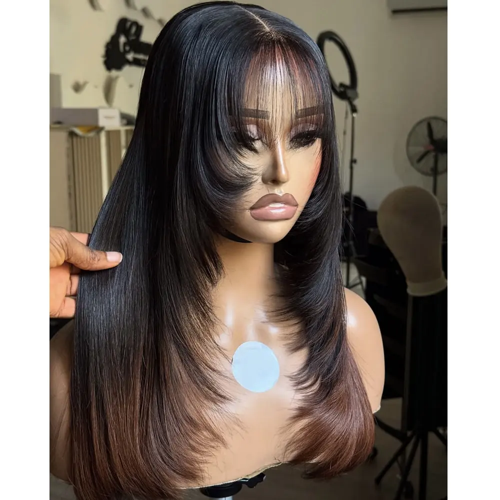 

Шелковистый прямой парик с натуральной челкой 13x6, на кружевной основе, из натуральных человеческих волос, омбре коричневого цвета, парик 360 с кружевной основой, из бразильских волос Реми, для темнокожих женщин