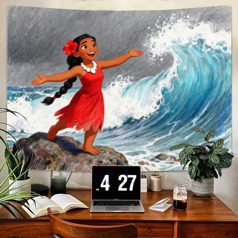 

1 шт. Гобелен принцессы Моаны Диснея с океаном, яркое красное платье с волнами, настенное искусство, современный декор комнаты из полиэстера, подарок для фанатов девочек.