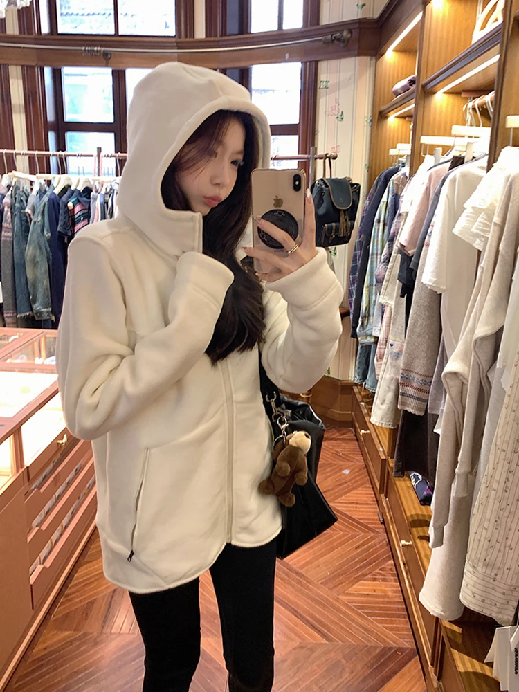 

2024 Fall and Winter New Casual Women Coat Gentle Wind Long-sleeved Hooded Zipper Jacket Women's Winter White Loose Warm Tops