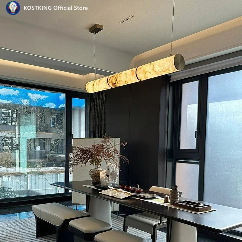 Luxury Marble Pendant Light - Dimmable LED Chandelier for Dining Room, Kitchen Island, Minimalist Bronze Copper Hanging Lamp
